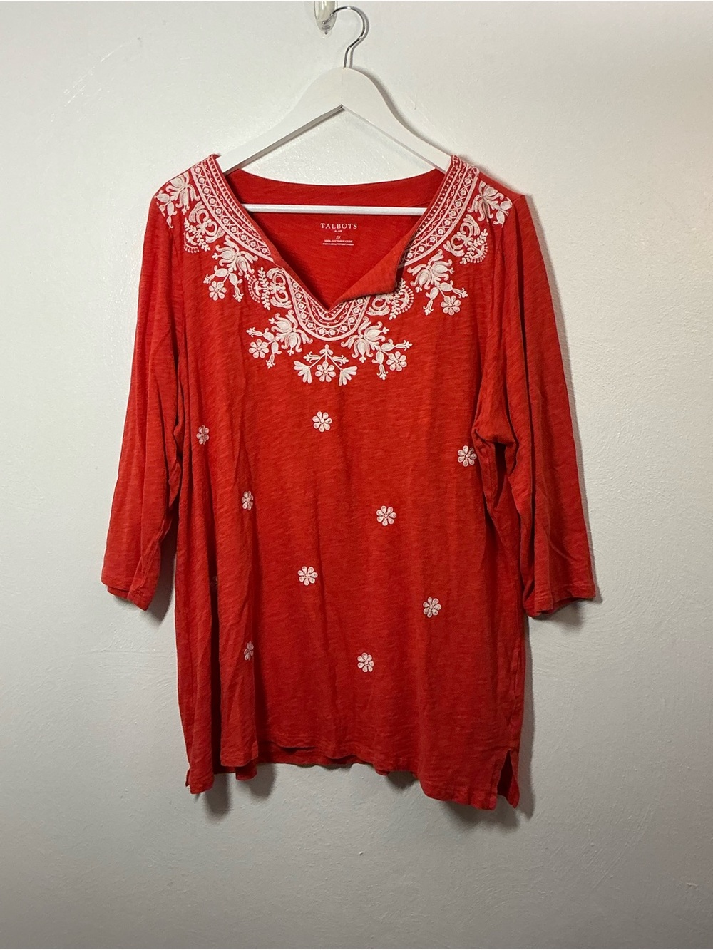 Talbots Red-Orange V-Neck Embroidered Tunic Top Size 2X